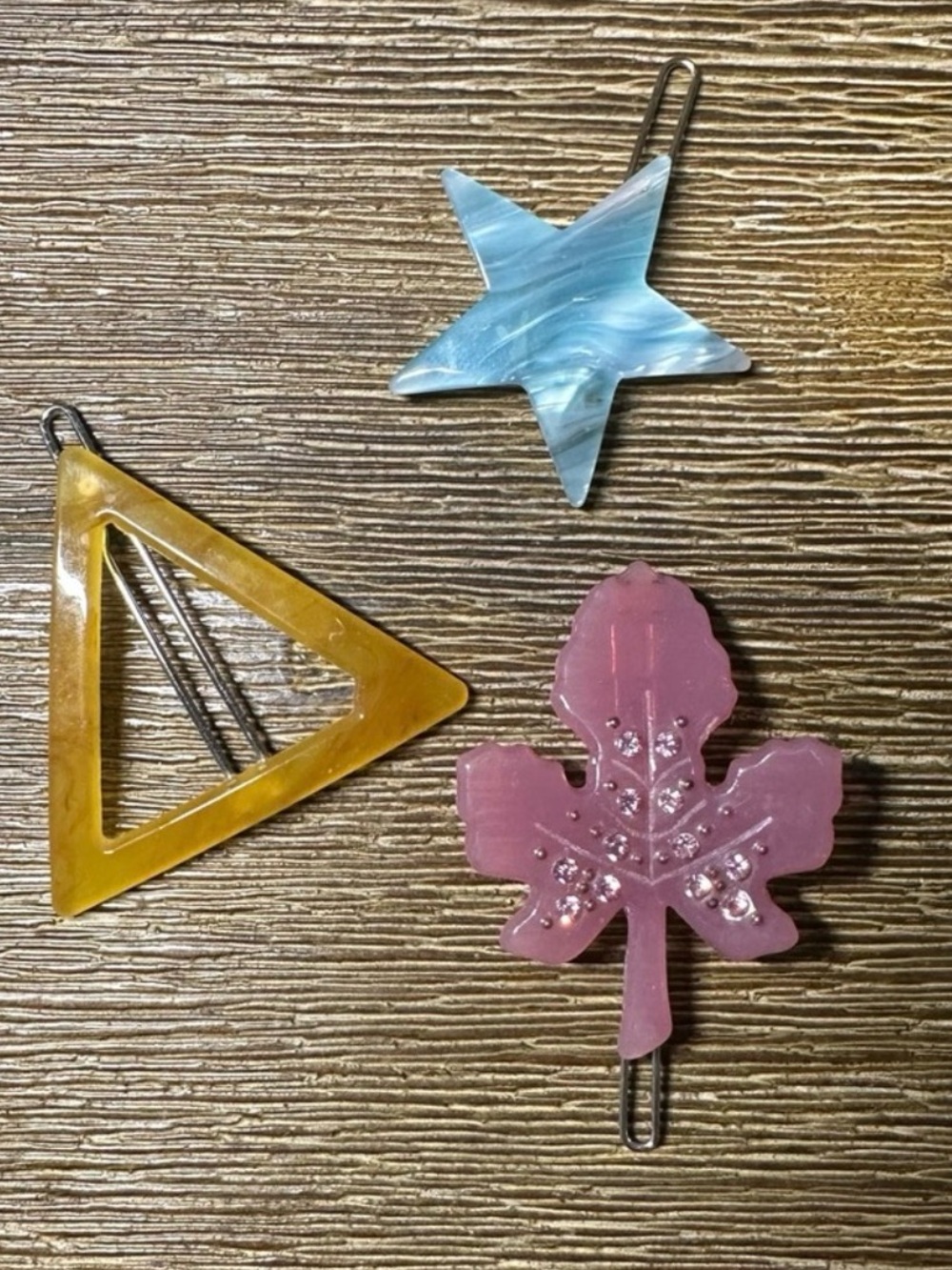 Decorative Hair Clips Set - Pink Leaf, Blue Star & Yellow Triangle